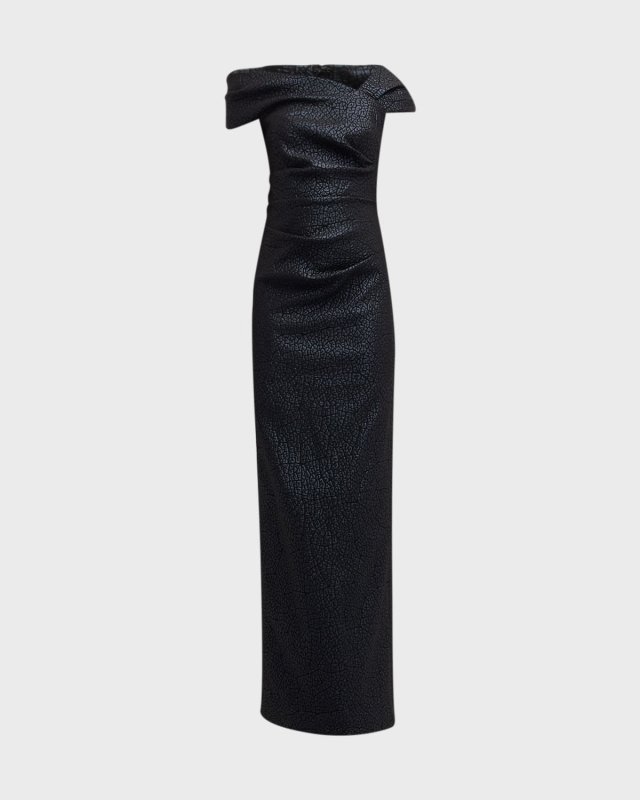 Asymmetric Metallic Jacquard Column Gown